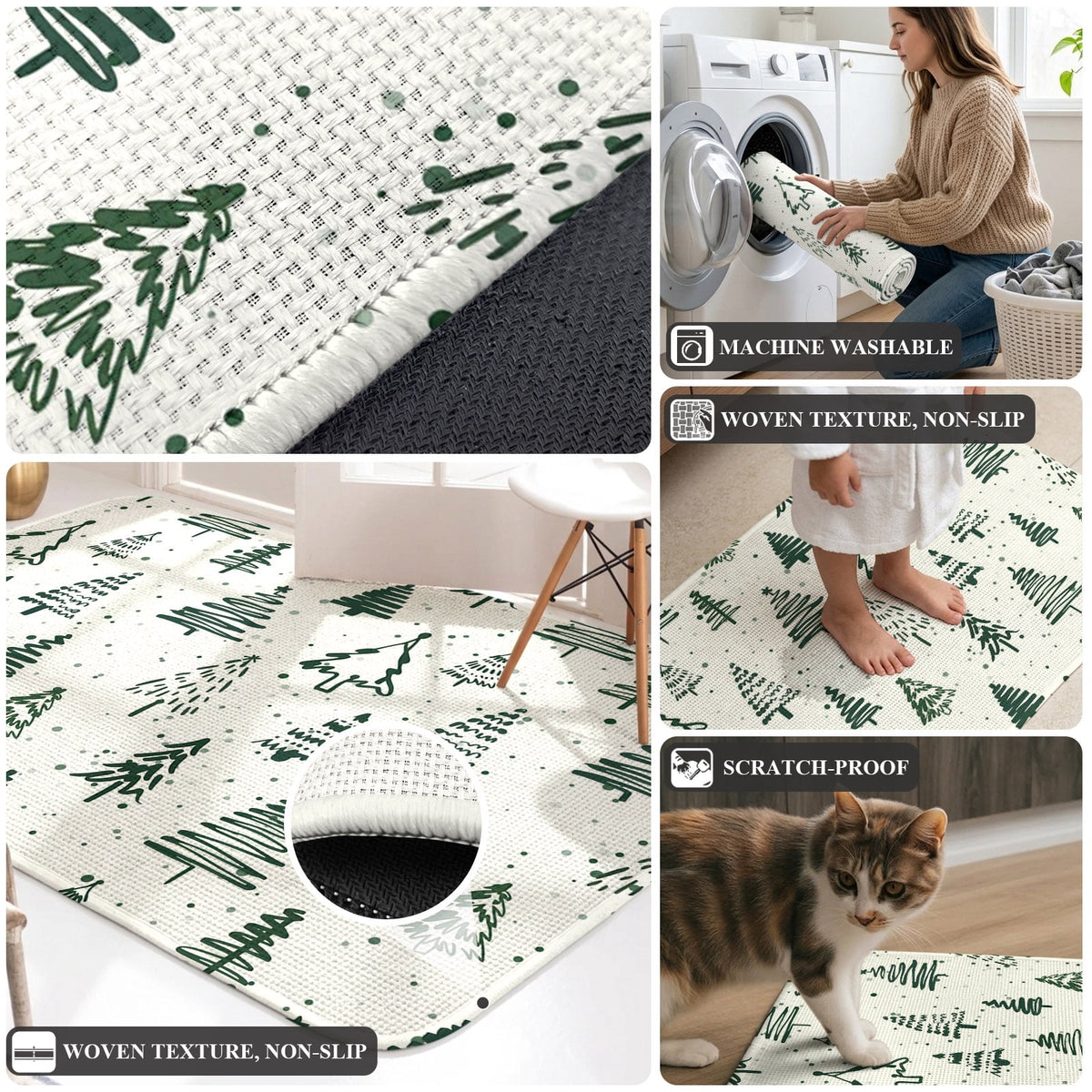 Large Area Rug 63"x78.7",Christmas Tree Absorbent Non Slip Indoor Outdoor Carpet,Xmas Green Cartoon Tree Snowflakes Farmhouse Low Profile Floor Rug Doormat for Living Room Dining Room Bedroom Office