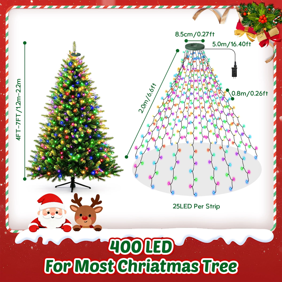 Christmas Tree Lights with Ring, 400 LED Cool White Tree Ring Light, 16 Strands 6.6FT Cascade with Remote & Timer for Indoor Xmas Tree Decor