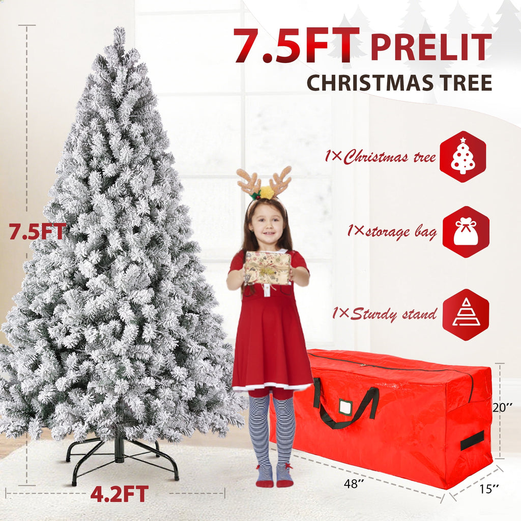 Yexmas 7.5ft Pre-Lit Snowflake Flocked Christmas Tree,8 Modes LED Lights,Artificial Xmas Tree with Storage Bag