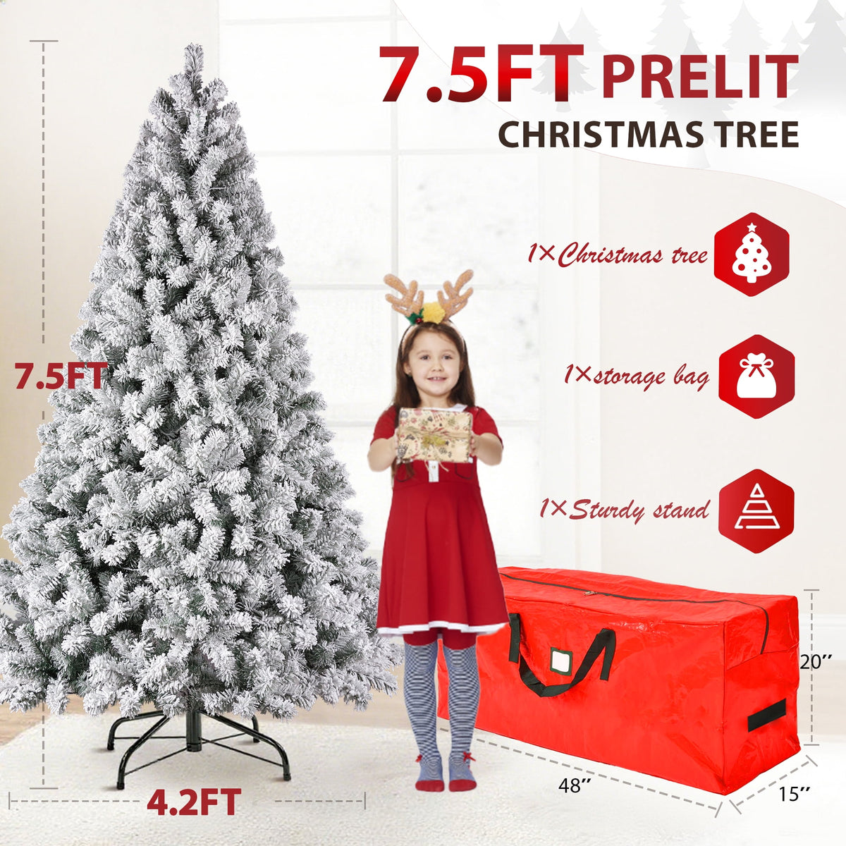 Yexmas 7.5ft Pre-Lit Snowflake Flocked Christmas Tree,8 Modes LED Lights,Artificial Xmas Tree with Storage Bag