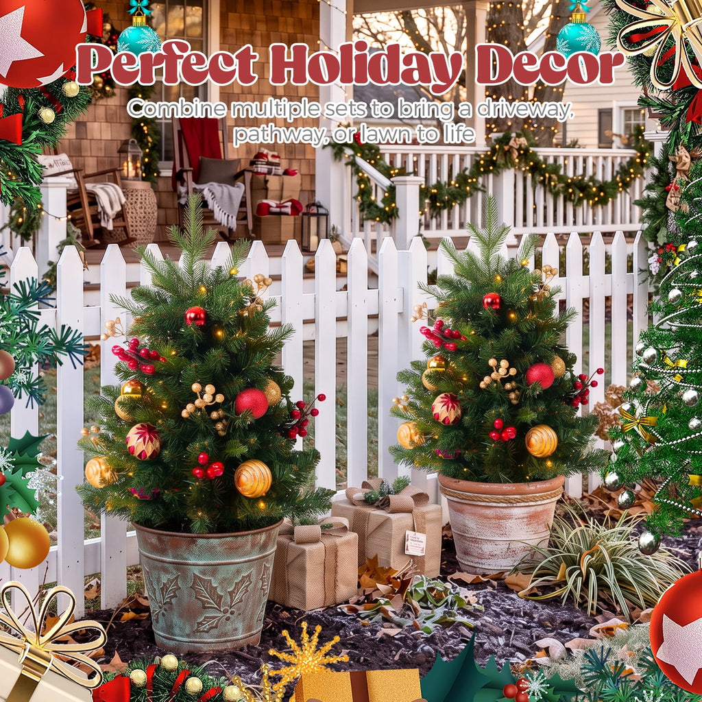 2 Pack 30 inch Prelit Outdoor Christmas Tree, Small Pre-Decorated Green Xmas Tree with Cones & Red Berries, 30 Warm Lights, Urn Filler Holiday Decor for Entrance Driveway, Yard, Garden