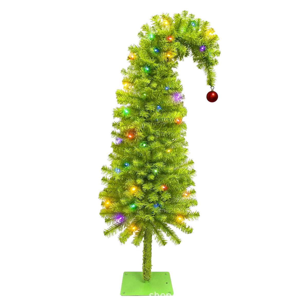 GoLucid 3ft Bent Top Greenery Christmas Tree with Multicolor LED Lights, 90cm High Density Green Curved Leaning Whimsical Xmas Tree for Indoor Holiday Decor