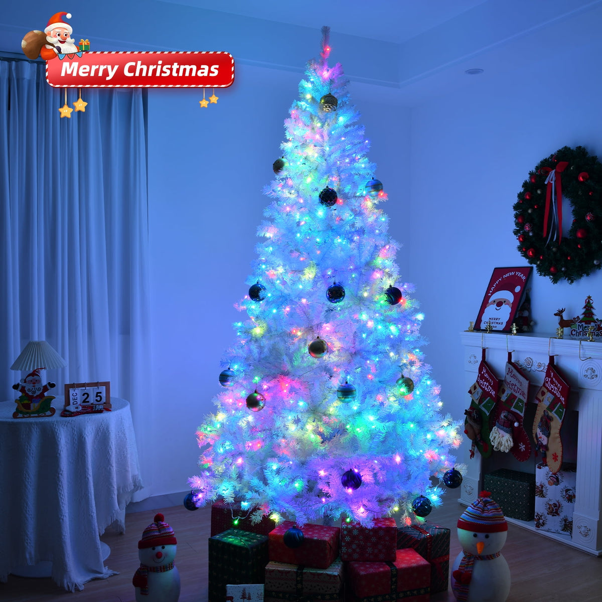 Ktaxon 8 FT Pre-lit Christmas Tree, Xmas Tree Hinged Branches with 500 RGB Lights and 1500 Branch Tips APP Controlled, for Holiday Party Store Office Home, White
