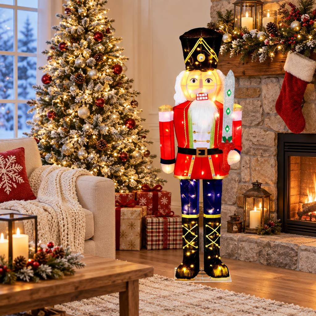 RUIE Lighted Christmas Nutcracker, 5 ft Outdoor Holiday Figure with 100 Warm White LED Lights, Glitter Sword, Metal Frame and Long Cord