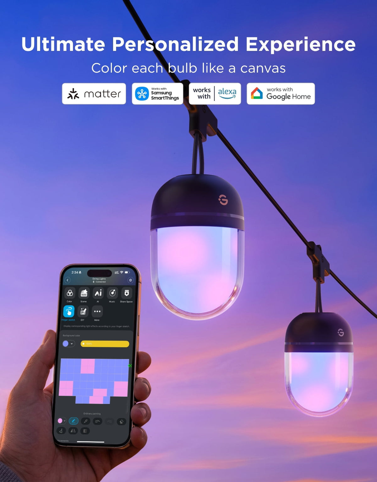Govee Outdoor Chromatic String Lights, 65.6ft RGBIC Outdoor Lights, 55 RGB LEDs per Bulb, Uni-IC Control, 111+ Scenes, IP67 Waterproof, String lights compatible with Alexa, Google, Matter, App