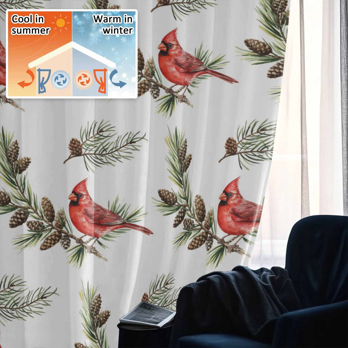 Christmas Red Cardinal Birds Blackout Curtains for Bedroom/Living Room, Pinch Pleated Black Out Curtains, Xmas Pine Branch Cones Rustic Room Darkening Window Drapes with Hooks 2 Panels, 39"x70"