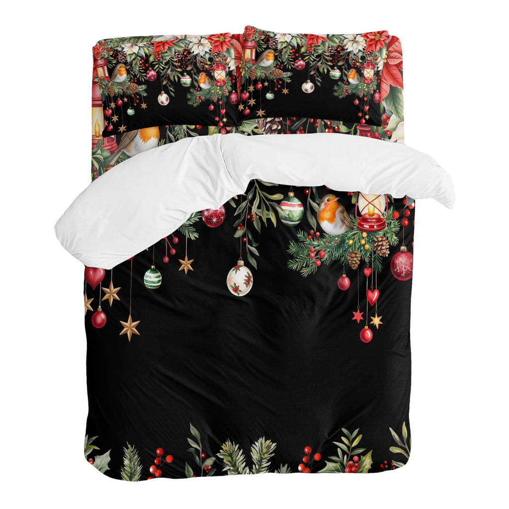 Black Christmas Bedding Duvet Cover Set Full Size 4 Pieces Xmas Poinsettia Balls Botanical Birds Bedding Set with Zipper Closure, 1 Comforter Cover 86x90 Inches 1 Flat Sheet & 2 Pillow Cases