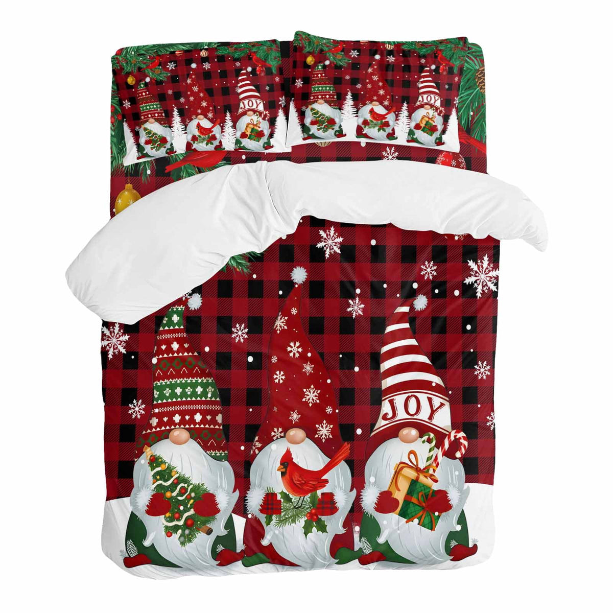 Christmas Snowman Bedding Duvet Cover Set Twin Size 4 Pieces Pine Christmas Tree Snowflakes Red Plaid Bedding Set with Zipper Closure, 1 Comforter Cover 68x90 Inches 1 Flat Sheet & 2 Pillow Cases