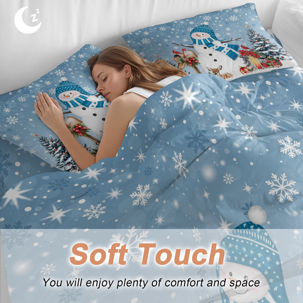 Blue Christmas Snowman Bedding Duvet Cover Set Twin Size 4 Pieces Xmas Tree Elk Balls Snowflake Bedding Set with Zipper Closure, 1 Comforter Cover 68x90 Inches 1 Flat Sheet & 2 Pillow Cases