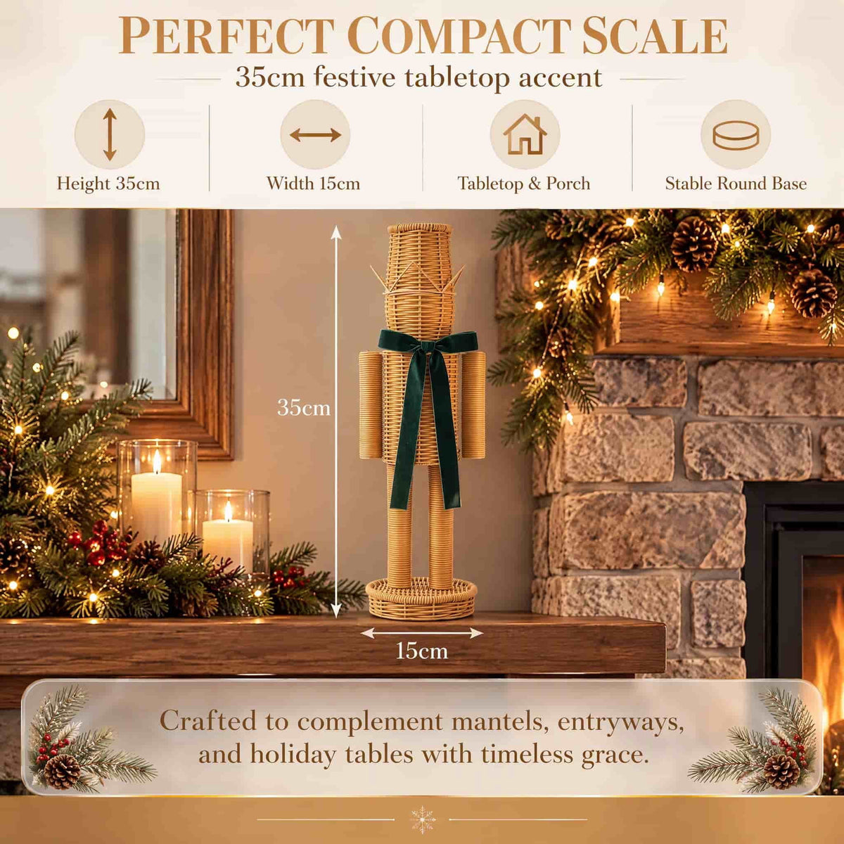 15.74 Inch Rattan Nutcracker Christmas Decor, Woven Look Resin Nutcracker Figurine With Green Velvet Bow, Freestanding Christmas Soldier Decoration For Mantel Shelf Entryway