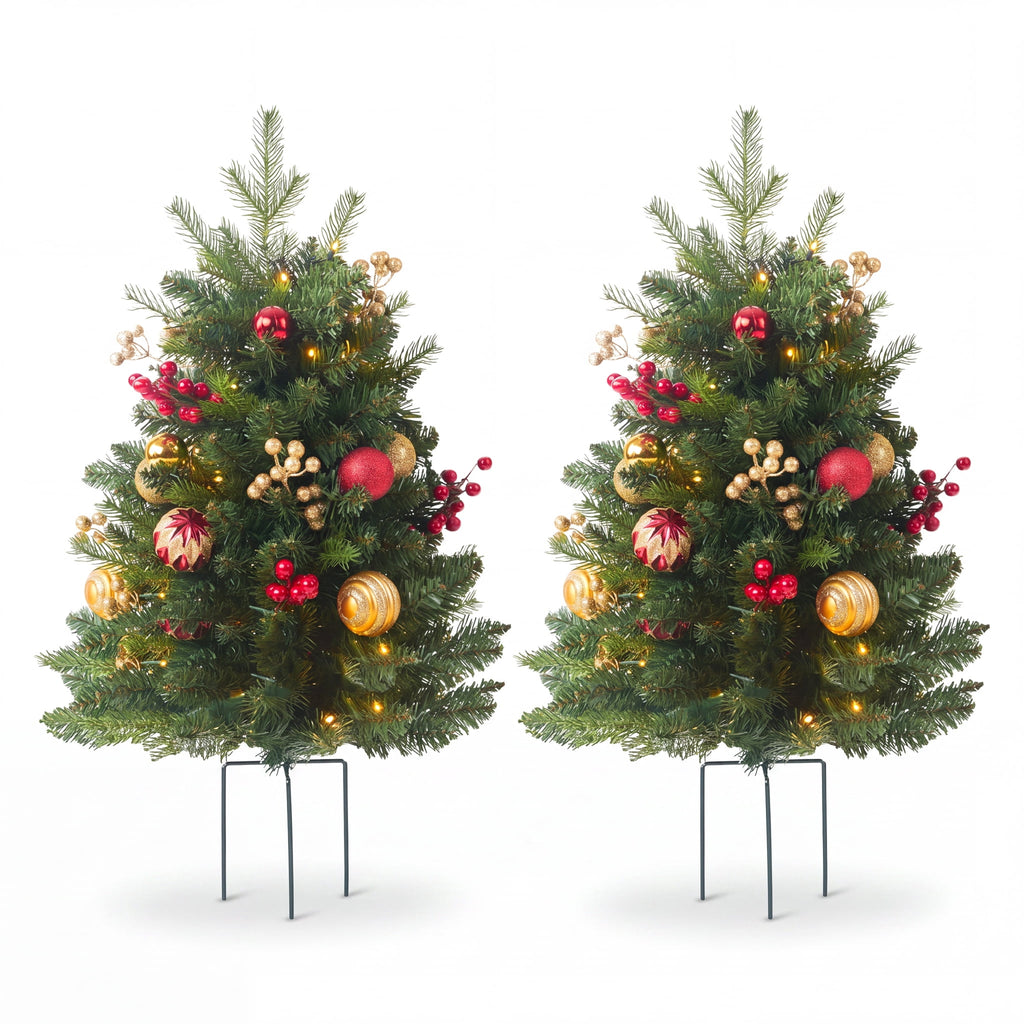 2 Pack 30 inch Prelit Outdoor Pathway Christmas Tree, Artificial Small Xmas Tree with Dual Color Berries & Balls, 30 Battery Operated Warm Lights for Holiday New Year Winter Patio Driveway Yard Lawn