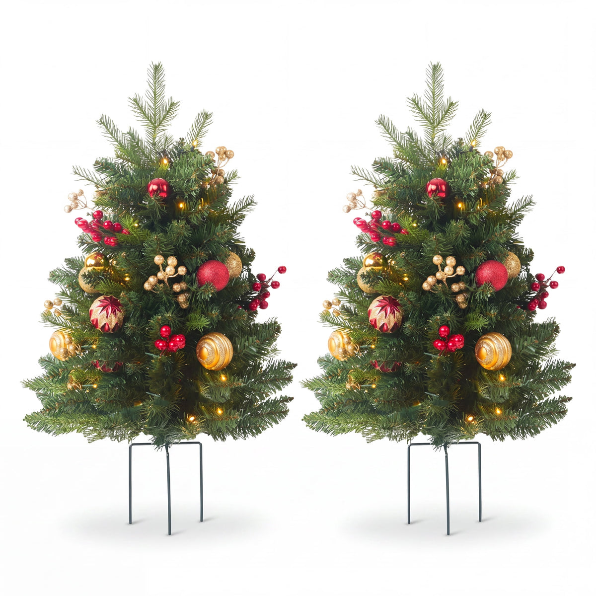 2 Pack 30 inch Prelit Outdoor Pathway Christmas Tree, Artificial Small Xmas Tree with Dual Color Berries & Balls, 30 Battery Operated Warm Lights for Holiday New Year Winter Patio Driveway Yard Lawn