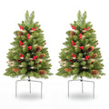2 Pack 30 inch Prelit Outdoor Christmas Tree, Small Pre-Decorated Green Xmas Tree with Cones & Red Berries, 30 Warm Lights, Urn Filler Holiday Decor for Entrance Driveway, Yard, Garden