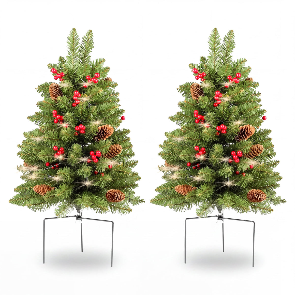 2 Pack 30 inch Prelit Outdoor Christmas Tree, Small Pre-Decorated Green Xmas Tree with Cones & Red Berries, 30 Warm Lights, Urn Filler Holiday Decor for Entrance Driveway, Yard, Garden