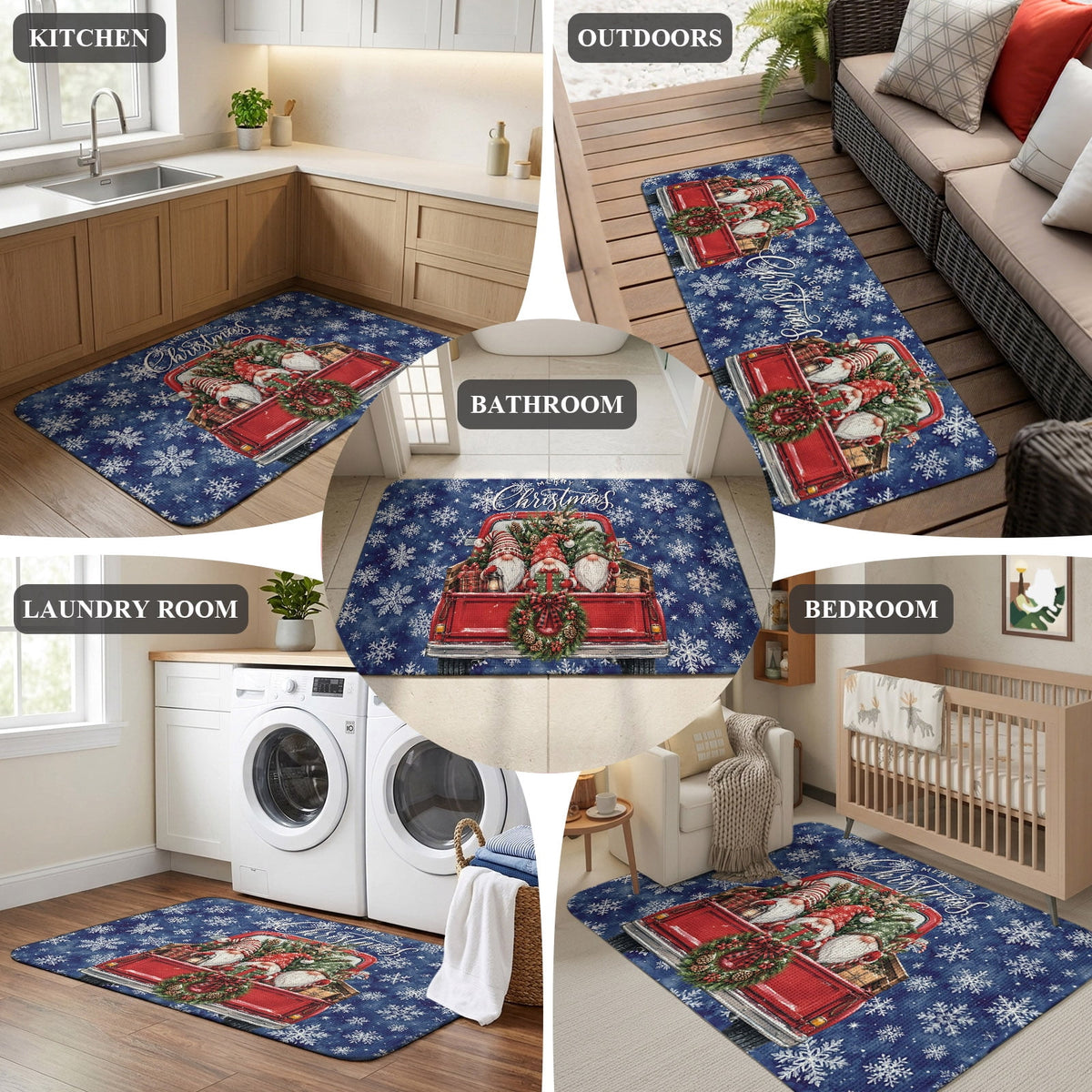 Red Truck Christmas Washable Area Rugs for Living Room Bedroom, Large Non Slip Indoor Floor Carpet Absorbent Xmas Tree Gnomes Navy Blue Snowflake Door Mat Rugs for Bathroom Entryway 63"x90.6"