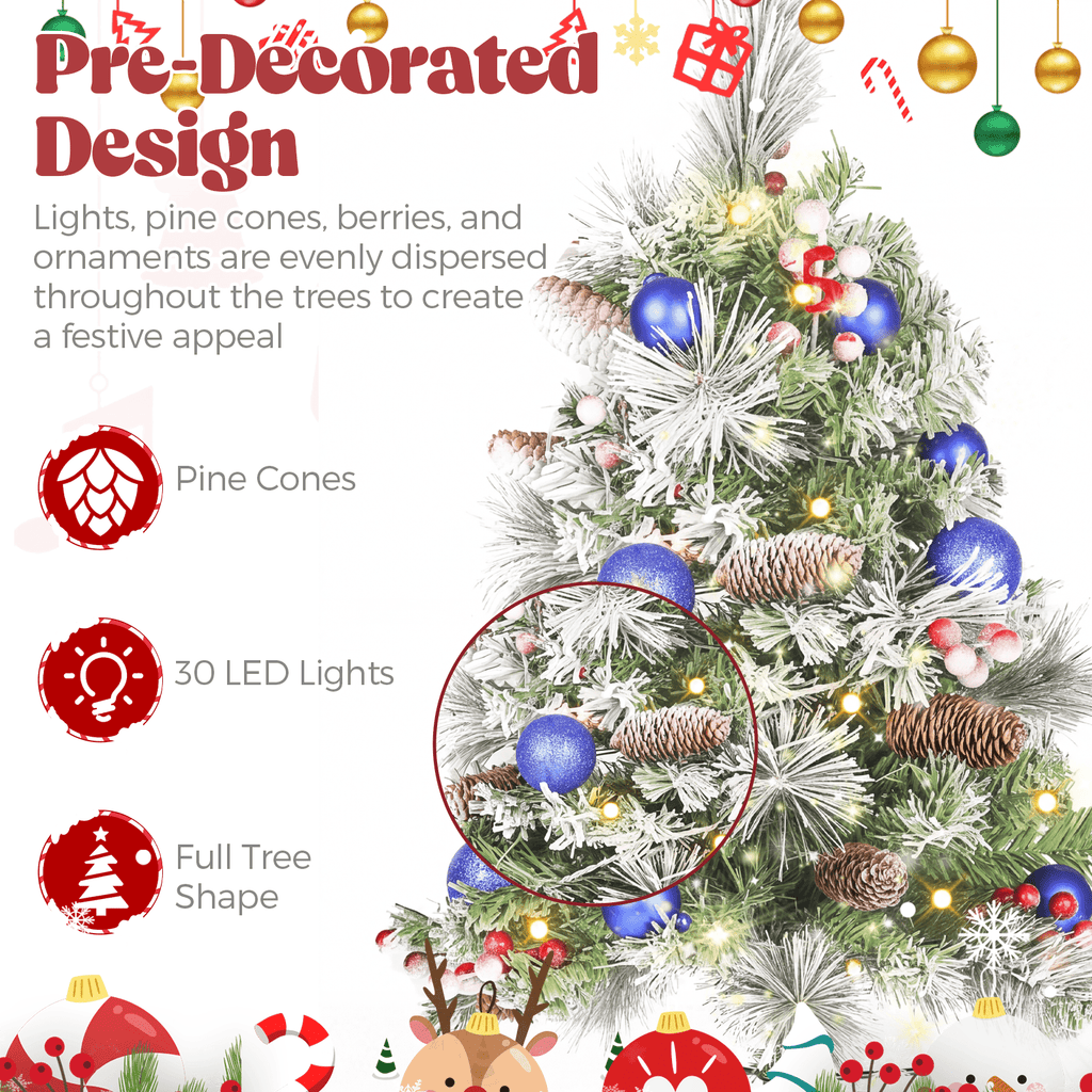 2 Pack 30 inch Prelit Outdoor Christmas Tree, Small Pre-Decorated Green Xmas Tree with Cones & Red Berries, 30 Warm Lights, Urn Filler Holiday Decor for Entrance Driveway, Yard, Garden