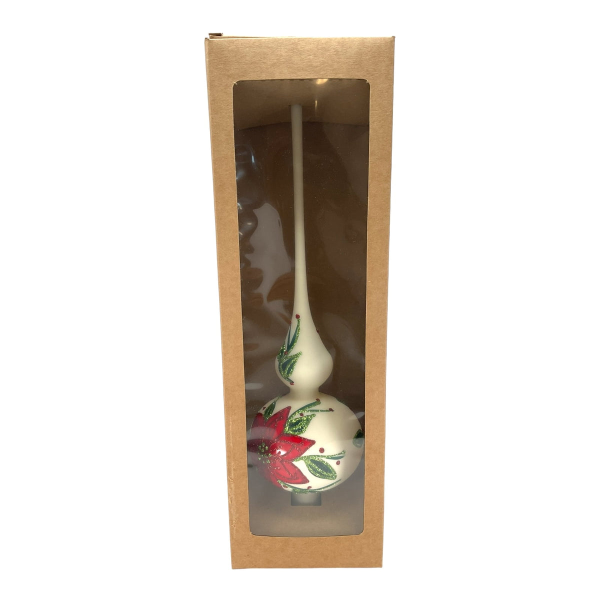 Pinnacle Peak Trading Poinsettia Design White Polish Glass Finial Christmas Tree Topper 14.5 inch