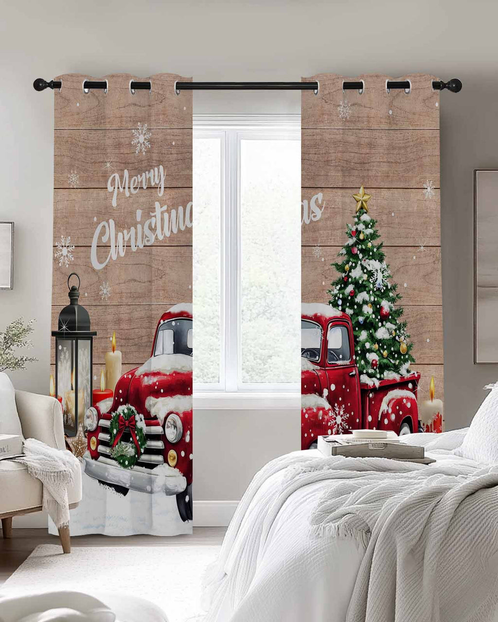 Red Truck Christmas Blackout Curtains 63 Inches Long for Bedroom,Xmas Tree Snowflake Gifts Winter Wooden Thermal Insulated Room Darkening Black Out Window Curtain Panels Grommet Living Room Drapes