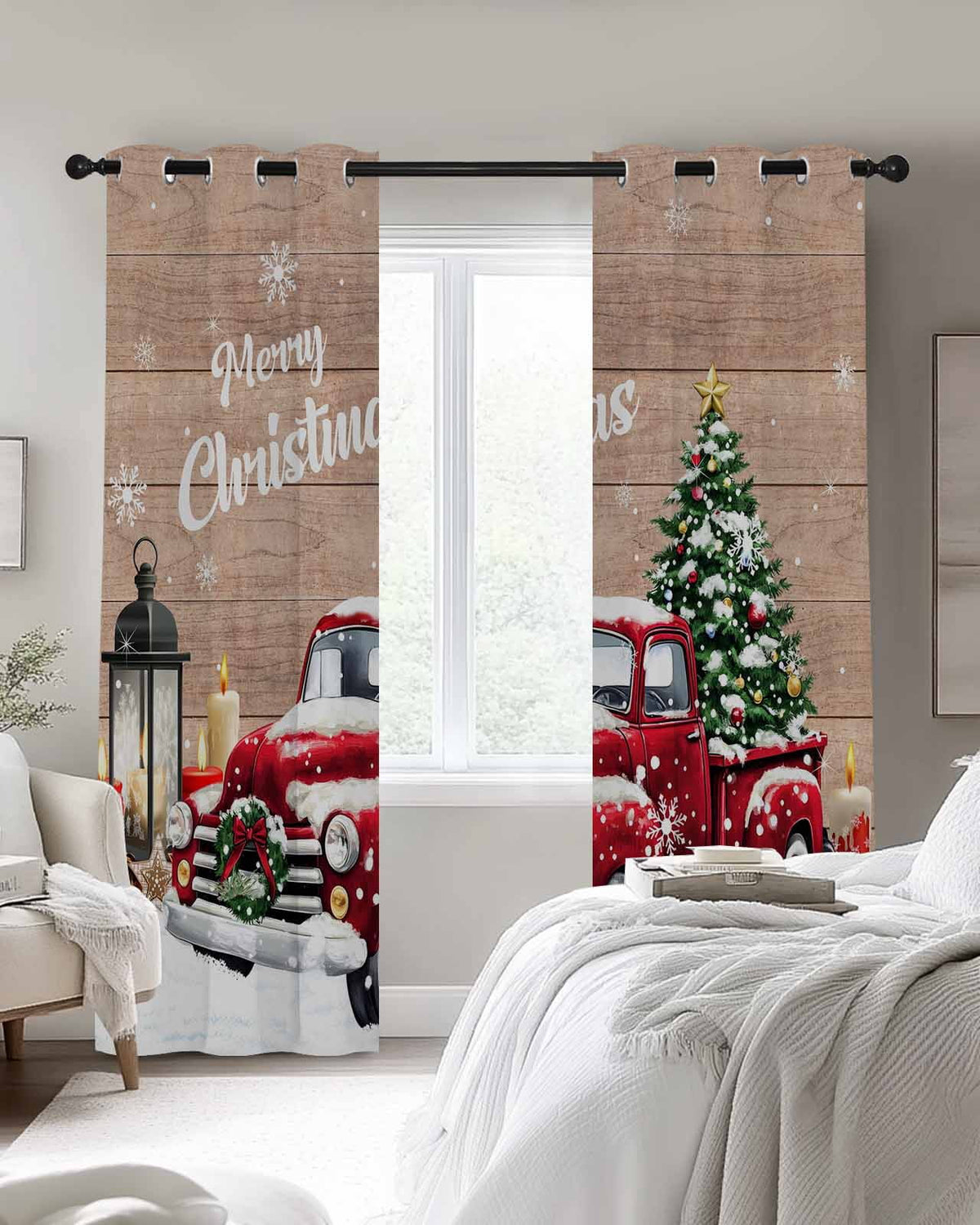 Red Truck Christmas Blackout Curtains 63 Inches Long for Bedroom,Xmas Tree Snowflake Gifts Winter Wooden Thermal Insulated Room Darkening Black Out Window Curtain Panels Grommet Living Room Drapes