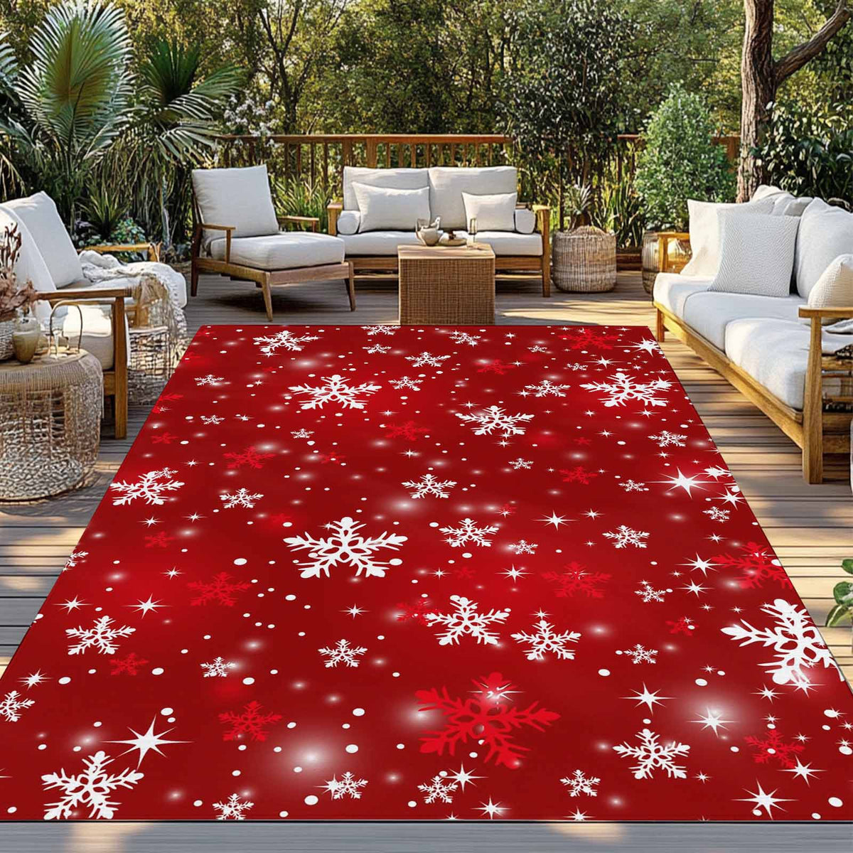 Fsddascl Red Snowflake Christmas Outdoor Rug for Patio/Deck/Porch, Non-Slip Large Area Rug 4 x 6 Ft, Winter Xmas Snowflake Indoor Outdoor Rugs Washable Area Rugs, Reversible Camping Rug Carpet Runner