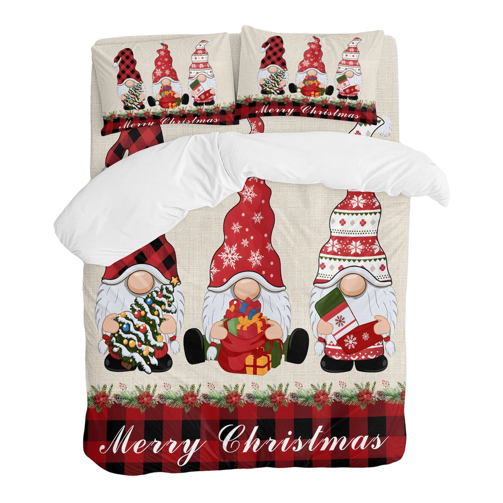 Christmas Dwarfs Bedding Duvet Cover Set Full Size 4 Pieces Winter Hat Gnome Poinsettia Retro Linen Plaid Bedding Set with Zipper Closure,1 Comforter Cover 86x90 Inches 1 Flat Sheet & 2 Pillow Cases