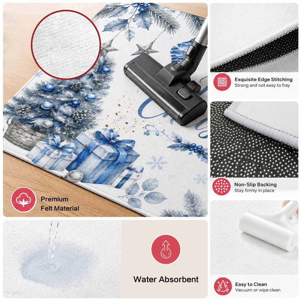Large Area Rugs for Living Room Bedroom, Blue Merry Christmas 8'x10' Rug Washable Carpet Runner Indoor Outdoor, Xmas Tree Snowman Eucalyptus Wood Non Slip Floor Mats Rug for Kitchen, Patio