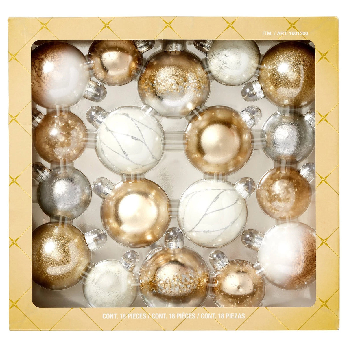 3.5" Assorted Glass Christmas Ornaments Set Of 18 1784830, White/Silver/Gold