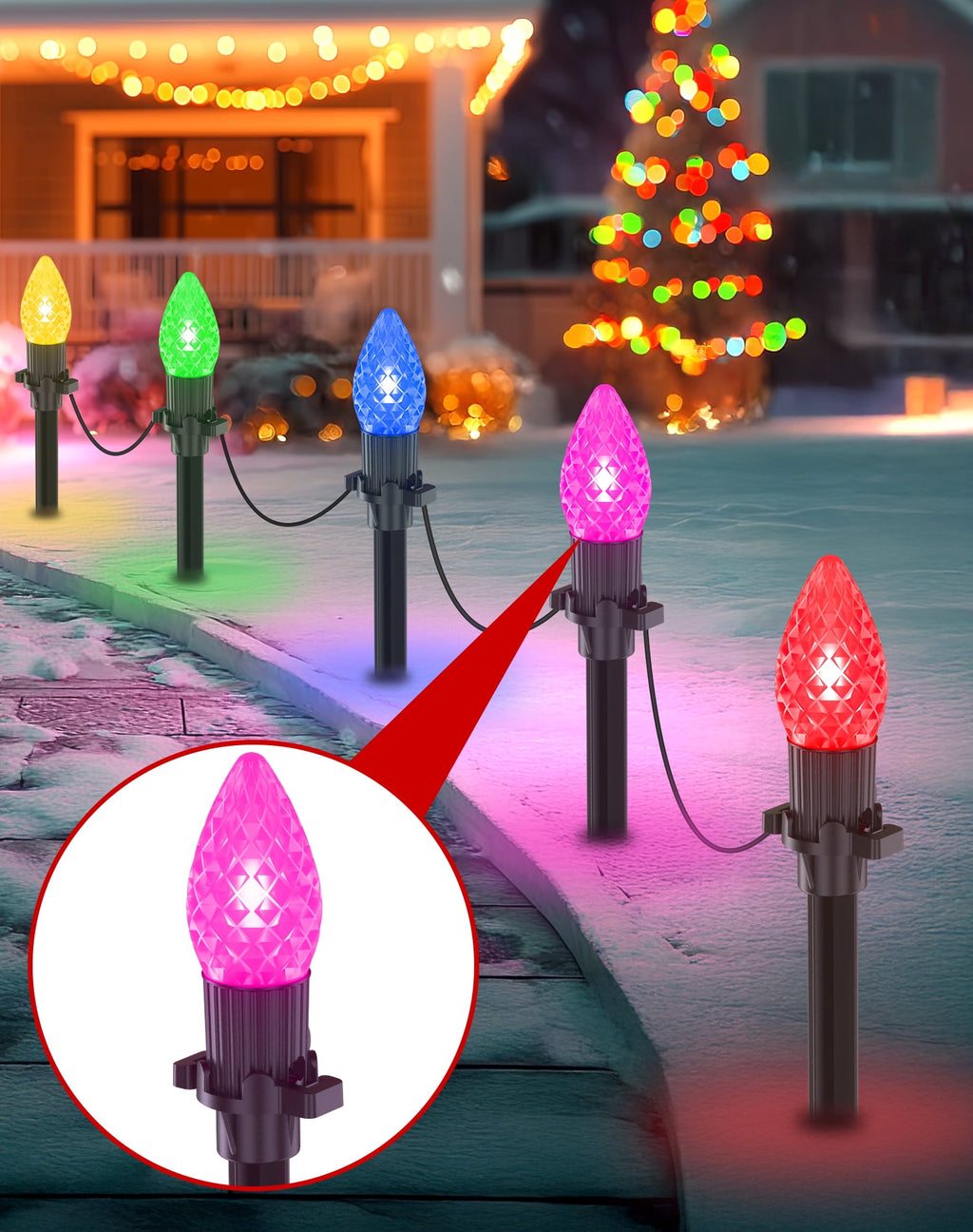 2 IN 1 Solar Christmas Lights C9 LED 33FT 25 LED with Ground Stakes Hanging Design Warm White Multicolor 8 Modes Waterproof for Garden Walkway Patio Christmas Decor
