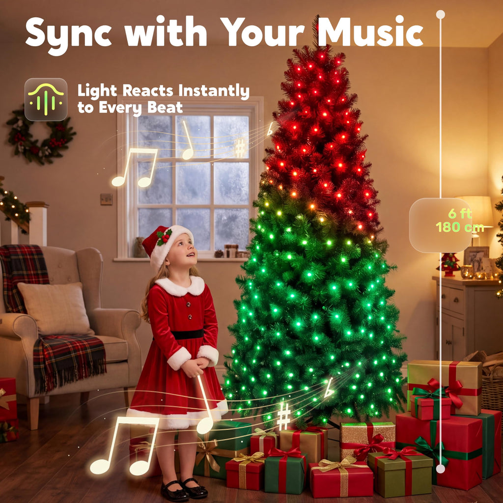 Joyfy 6 FT Prelit Slim Christmas Tree with 250 RGB Lights,App & Remote Control,Hinged Branches,Gloves & Metal Base Included,Easy Setup,Realistic Artificial Pencil Tree for Xmas Indoor Holiday Decor