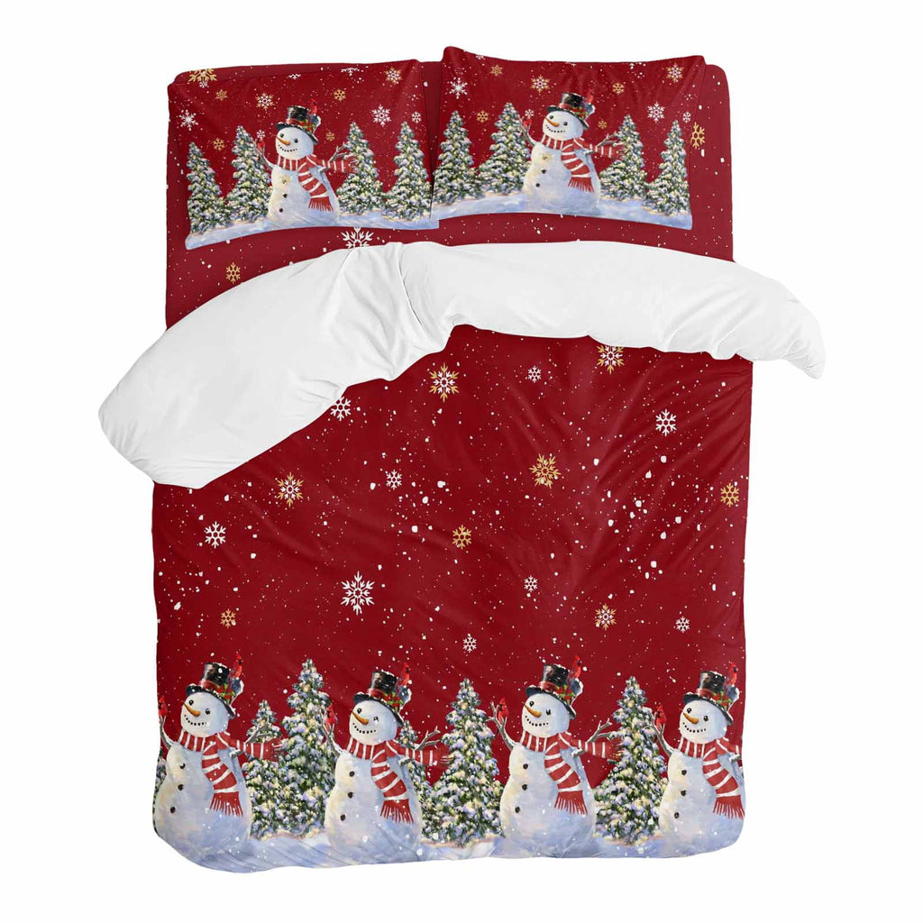 Christmas Snowman Bedding Duvet Cover Set Queen Size 4 Pieces Winter Christmas Tree Snowflake Red Bedding Set with Zipper Closure, 1 Comforter Cover 90x90 Inches 1 Flat Sheet & 2 Pillow Cases
