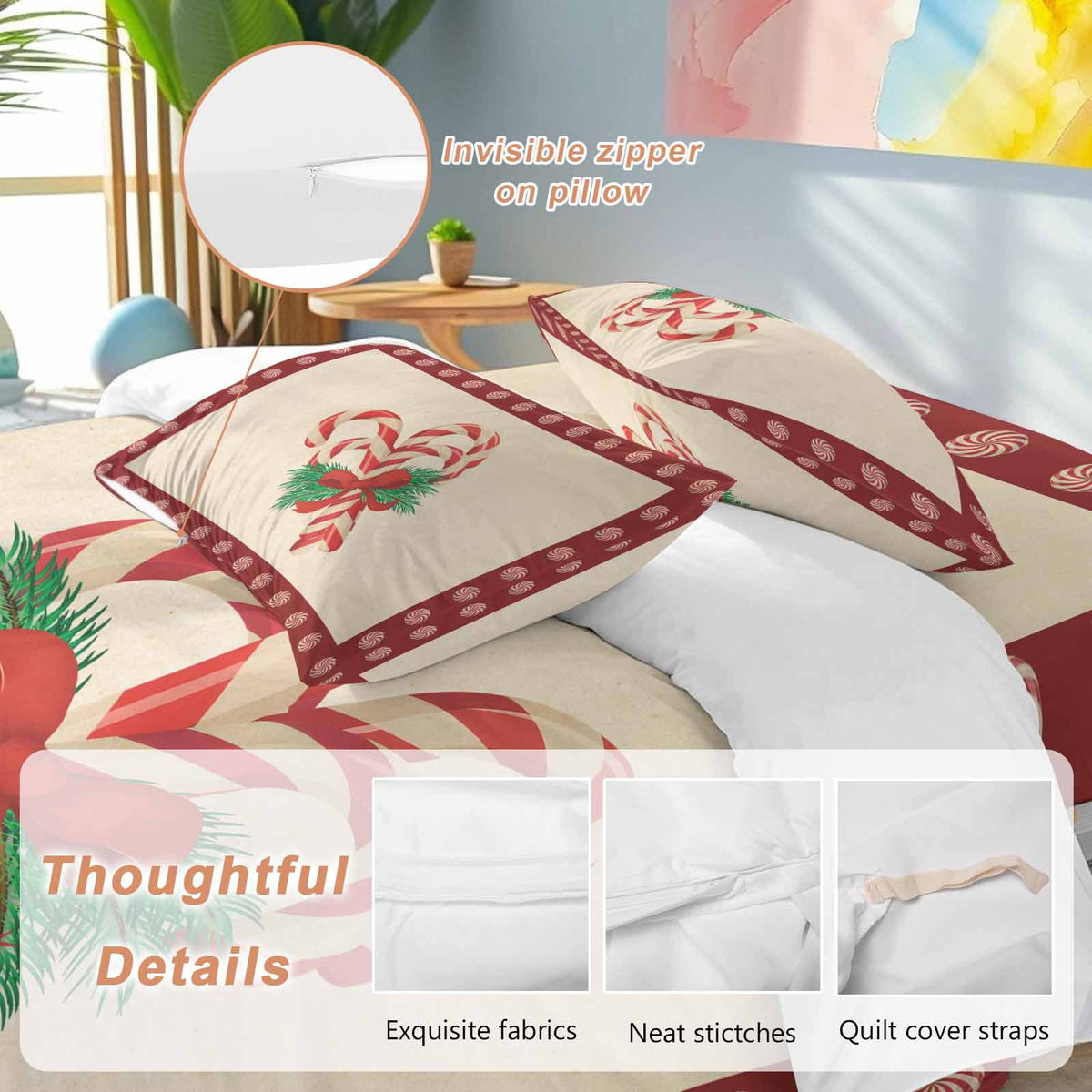 Candy Cane Bow Bedding Duvet Cover Set King Size 4 Pieces Christmas Winter Retro Bedding Set with Zipper Closure, 1 Comforter Cover 92x106 Inches 1 Flat Sheet & 2 Pillow Cases