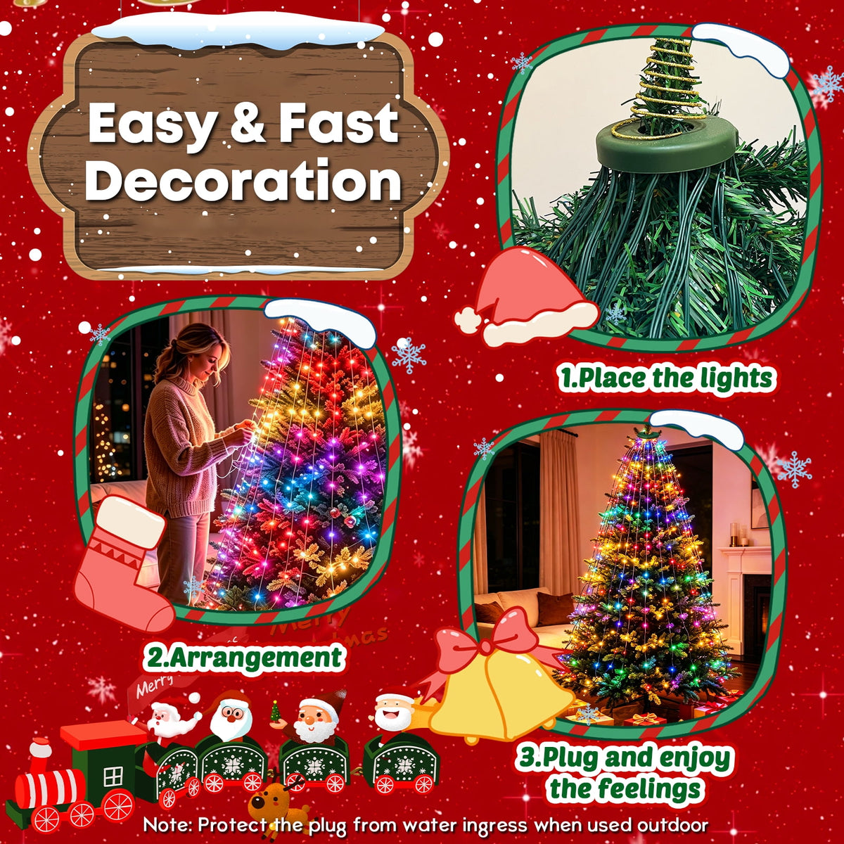 Christmas Tree Lights with Ring, 400 LED Cool White Tree Ring Light, 16 Strands 6.6FT Cascade with Remote & Timer for Indoor Xmas Tree Decor