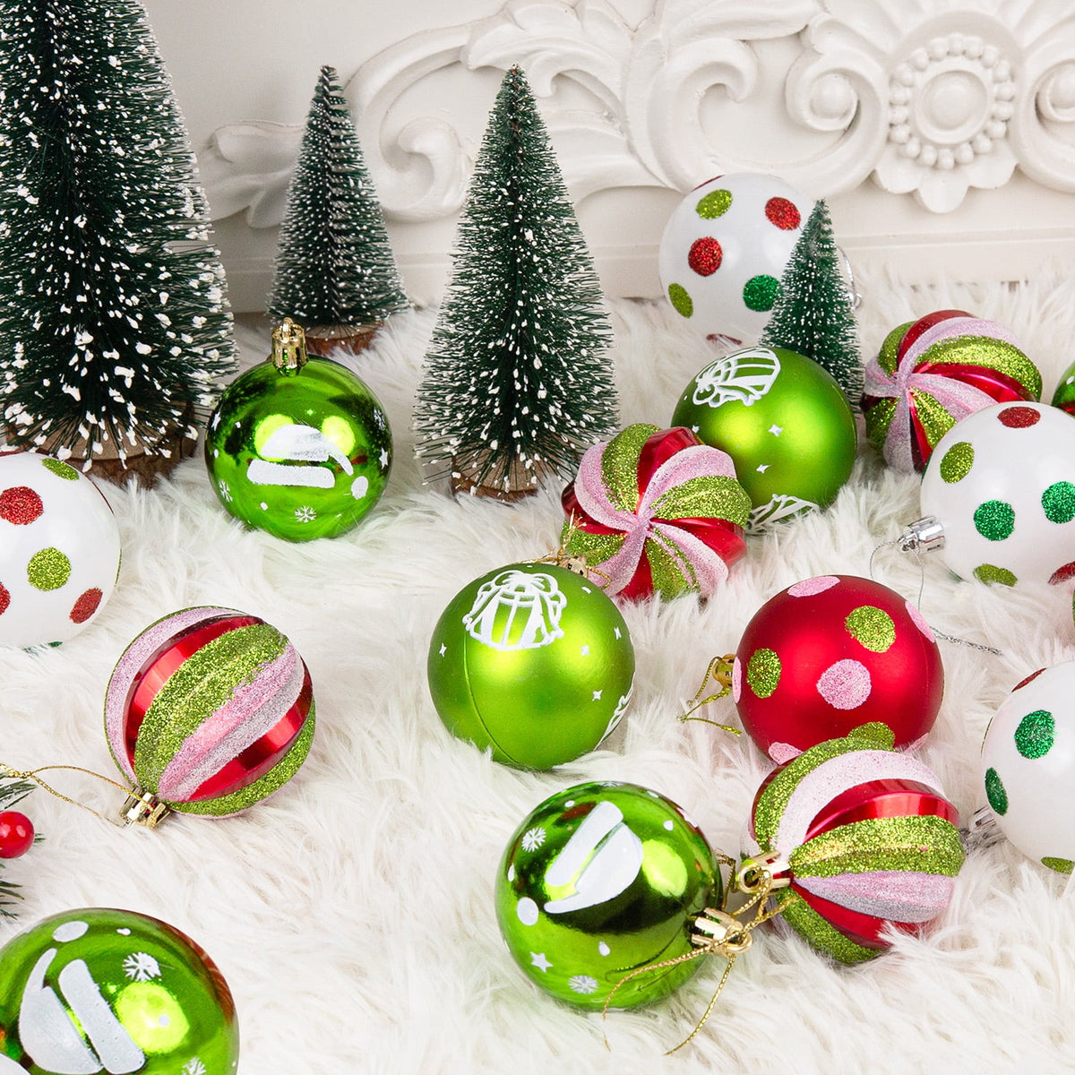 Sinkoo 40pcs Christmas Ornaments Set, 2.4" Glittering Red Green White Elf Bulbs for Christmas Tree, Shatterproof Hanging Decor for Home Party Xmas Holiday Decor