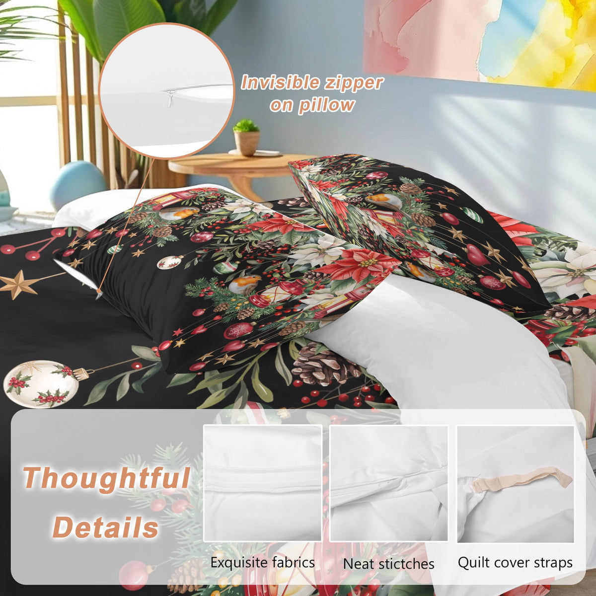 Black Christmas Bedding Duvet Cover Set Full Size 4 Pieces Xmas Poinsettia Balls Botanical Birds Bedding Set with Zipper Closure, 1 Comforter Cover 86x90 Inches 1 Flat Sheet & 2 Pillow Cases