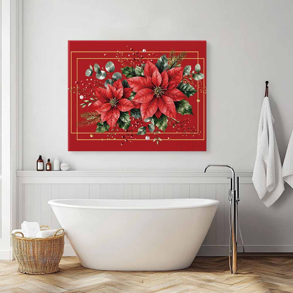 Christmas Poinsettia Flower Canvas Print Wall Art Festive Eucalyptus Leaves Red Base Wall Decor Modern Artwork Paintings Pictures for Living Room Stretched and Framed Ready to Hang - 24" x 32"