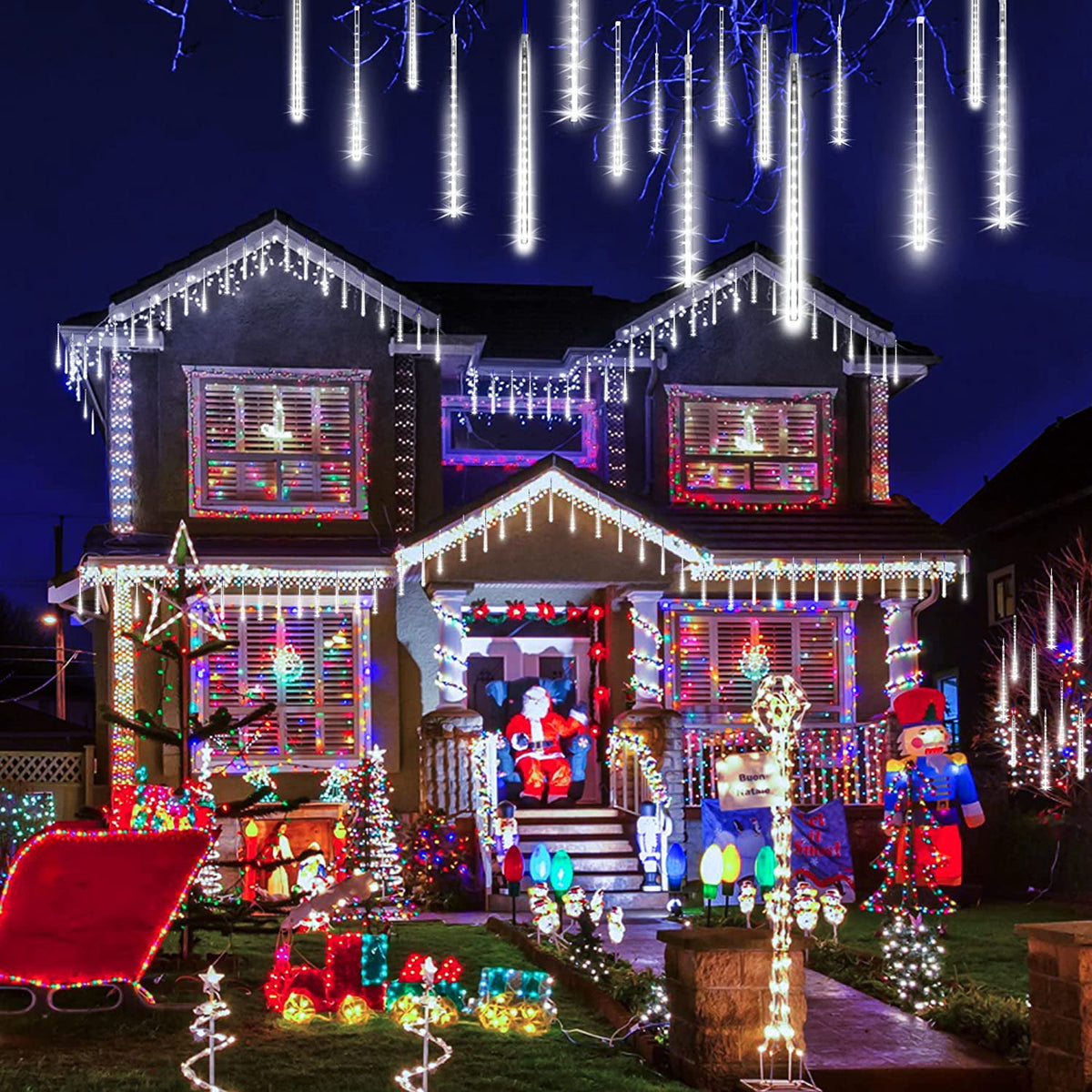 Christmas Lights, Christmas Lights Outdoor, Meteor Shower Lights 12 Inch 8 Tube 192 LED, Raindrop Snowfall Lights for Tree Yard Party Patio Christmas Decorations Lights, Blue