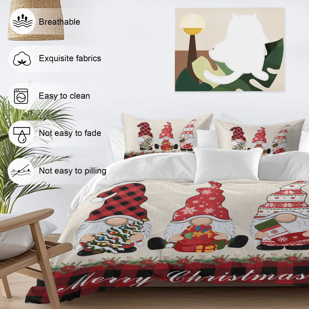 Christmas Dwarfs Bedding Duvet Cover Set Full Size 4 Pieces Winter Hat Gnome Poinsettia Retro Linen Plaid Bedding Set with Zipper Closure,1 Comforter Cover 86x90 Inches 1 Flat Sheet & 2 Pillow Cases