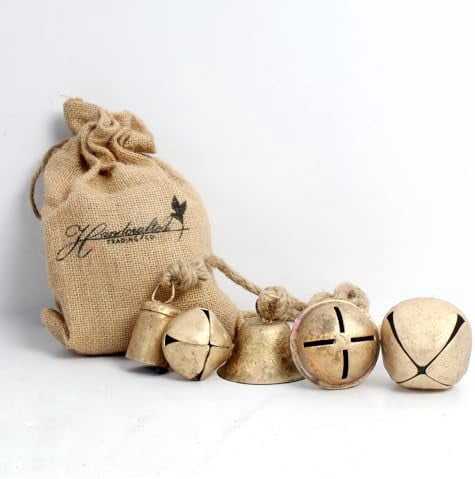 Set of 5 Vintage Handmade Rustic Lucky Christmas Hanging Bells On Jute Rope Decorative Metal Harmony Cow Bells
