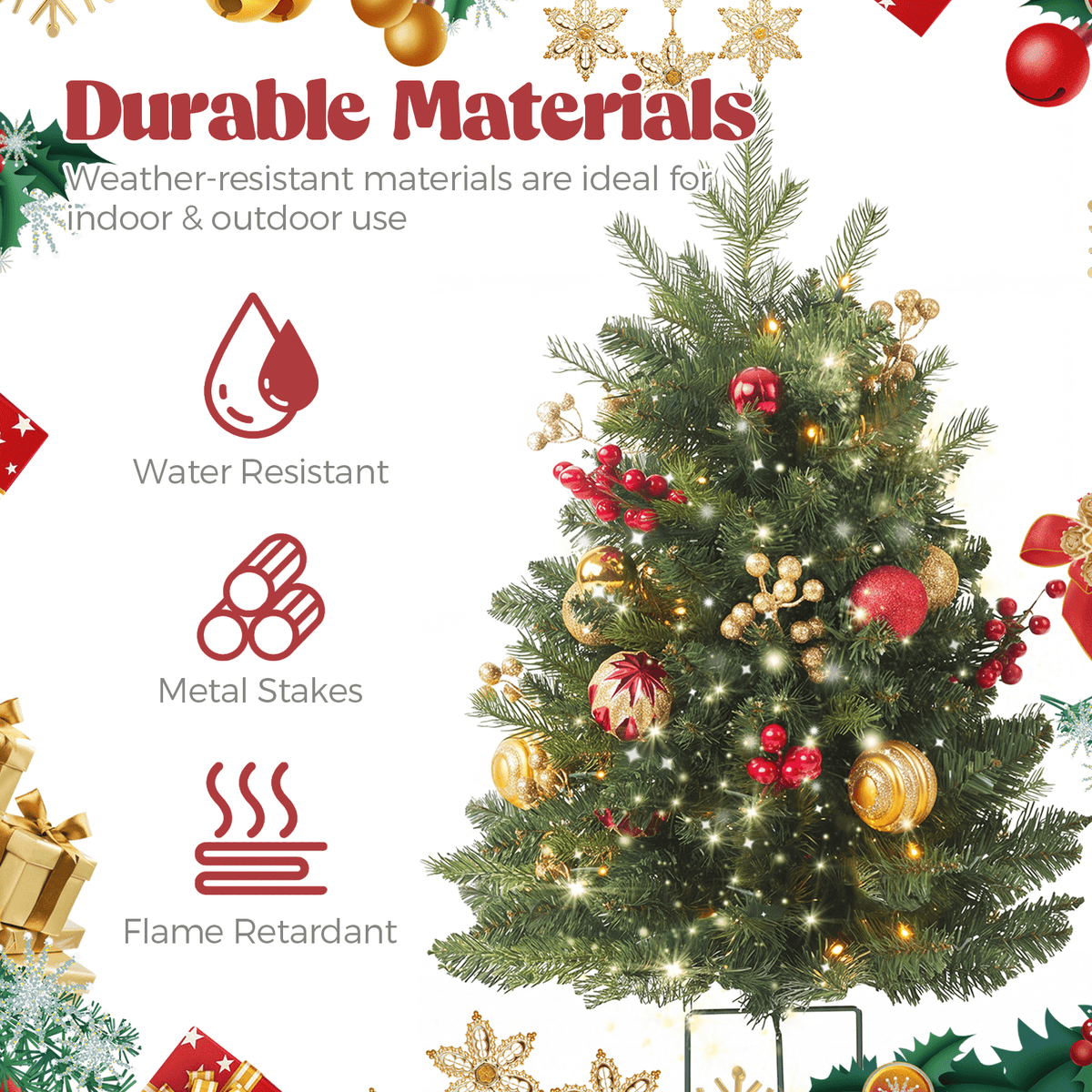 2 Pack 30 inch Prelit Outdoor Pathway Christmas Tree, Artificial Small Xmas Tree with Dual Color Berries & Balls, 30 Battery Operated Warm Lights for Holiday New Year Winter Patio Driveway Yard Lawn