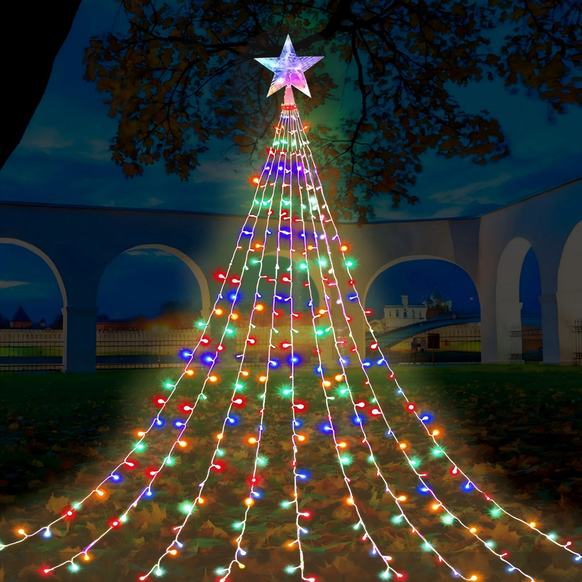 ZOEYKIMLO Christmas Tree Light Decorations Solar Powered 270LED 9.8FT, Outdoor Chtistmas String Lights with 8 Lighting Modes for Christmas Tree Holiday Decor, Multicolor