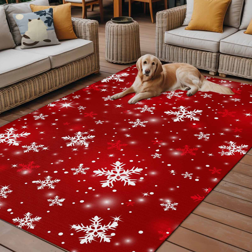 Fsddascl Red Snowflake Christmas Outdoor Rug for Patio/Deck/Porch, Non-Slip Large Area Rug 4 x 6 Ft, Winter Xmas Snowflake Indoor Outdoor Rugs Washable Area Rugs, Reversible Camping Rug Carpet Runner