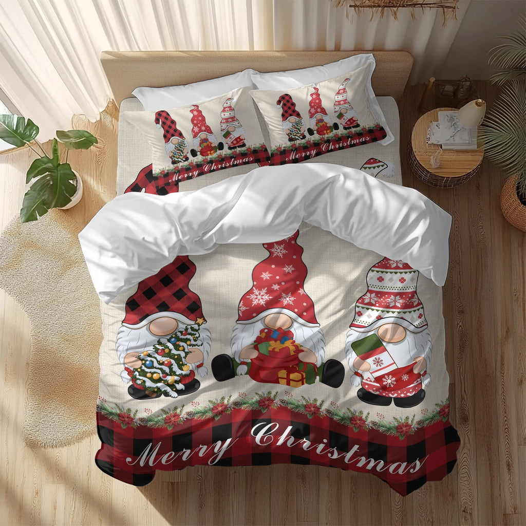 Christmas Dwarfs Bedding Duvet Cover Set Full Size 4 Pieces Winter Hat Gnome Poinsettia Retro Linen Plaid Bedding Set with Zipper Closure,1 Comforter Cover 86x90 Inches 1 Flat Sheet & 2 Pillow Cases
