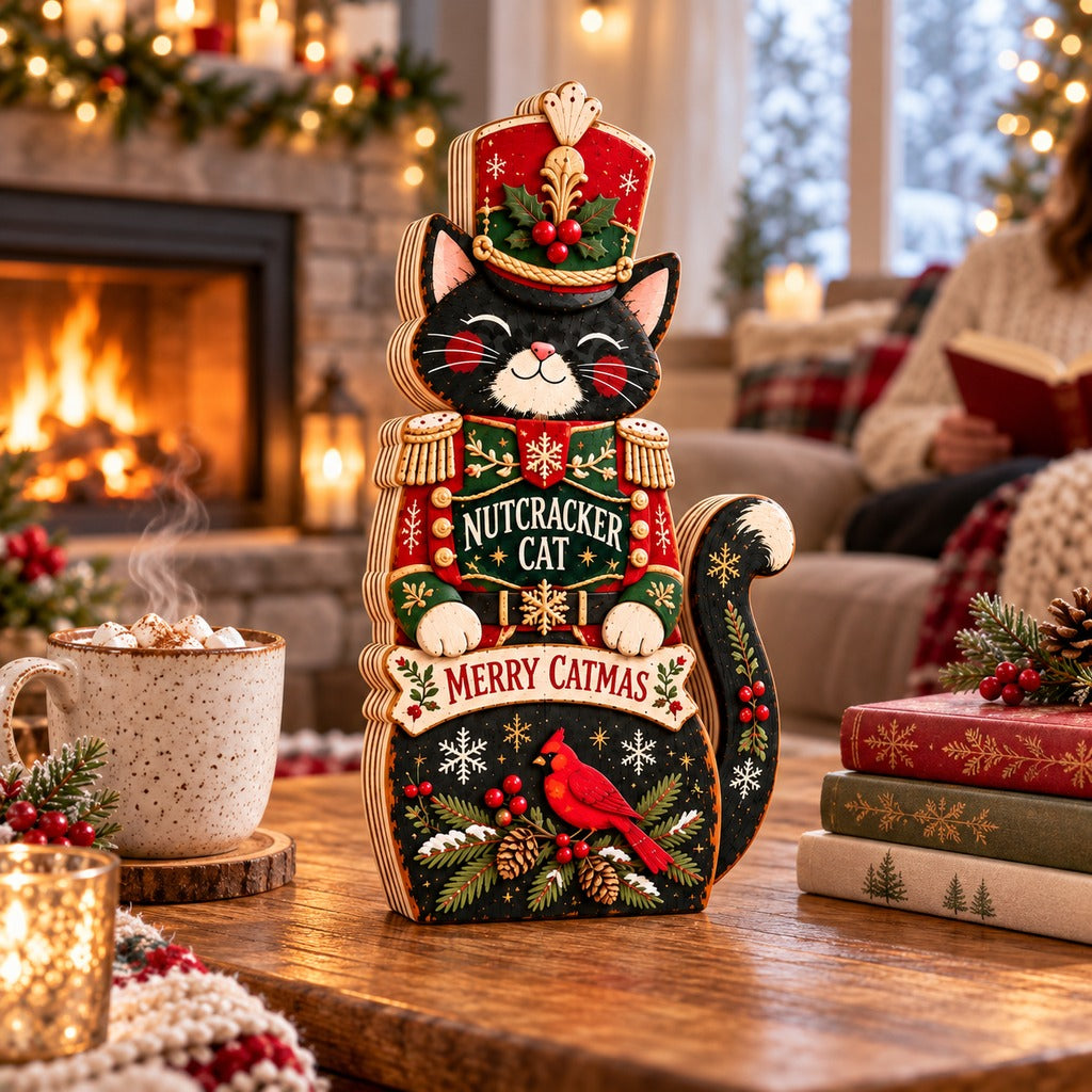 Christmas Wooden Block Nutcracker 3 Layer Tabletop Display for Feline Lovers