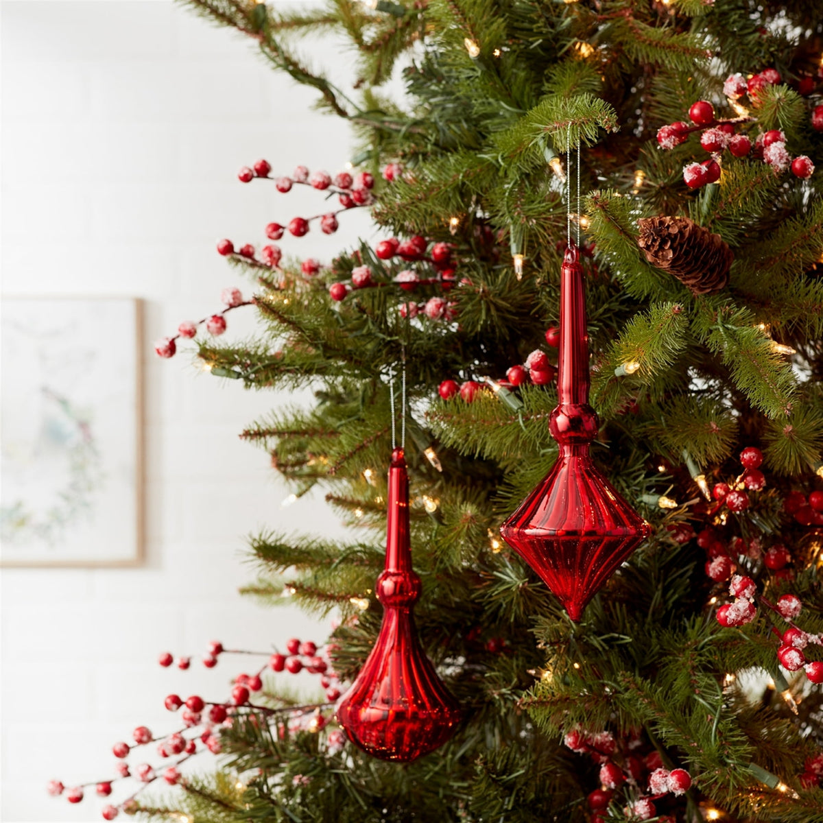 Modern Red Finial Drop Ornament Set of 6