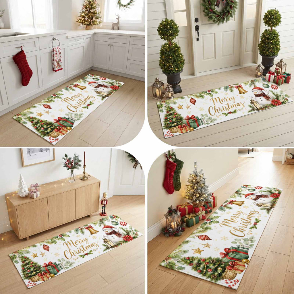 Large Area Rugs for Living Room Bedroom, Blue Merry Christmas 8'x10' Rug Washable Carpet Runner Indoor Outdoor, Xmas Tree Snowman Eucalyptus Wood Non Slip Floor Mats Rug for Kitchen, Patio