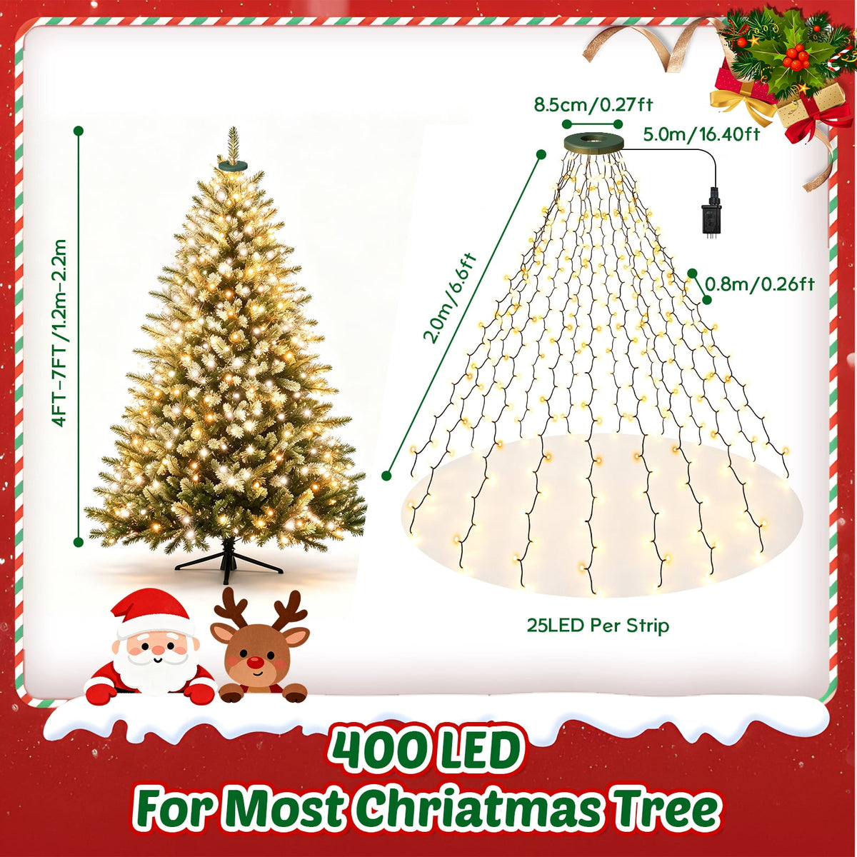 Christmas Tree Lights with Ring, 400 LED Cool White Tree Ring Light, 16 Strands 6.6FT Cascade with Remote & Timer for Indoor Xmas Tree Decor