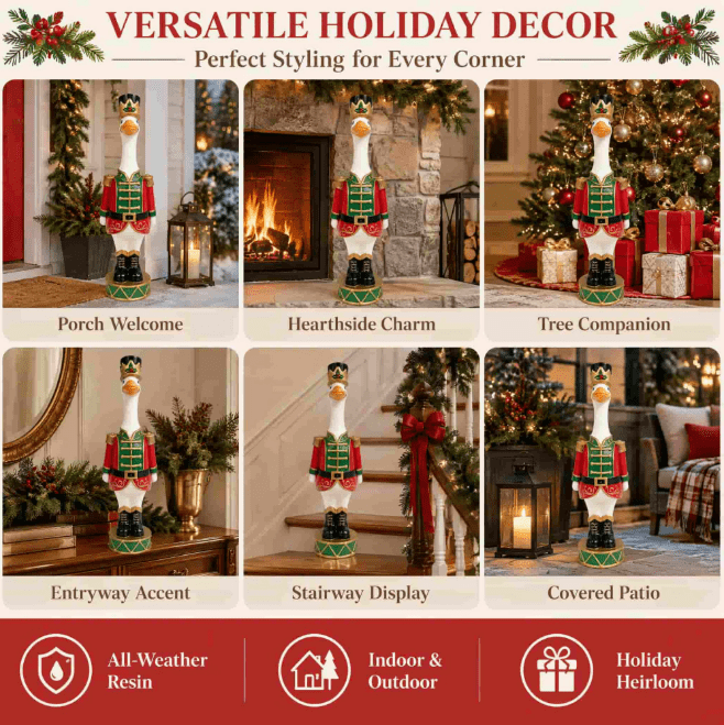 Christmas Faux Nutcracker Goose Resin Statue, Festive Soldier Figurine with Drum Base for Mantel, Porch, Christmas Decor