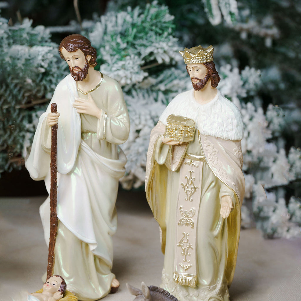 Zayton 11-Piece Nativity Set 8" Light Gold Resin Holy Family Figurines Nativity Scene Tabletop Christmas Decor