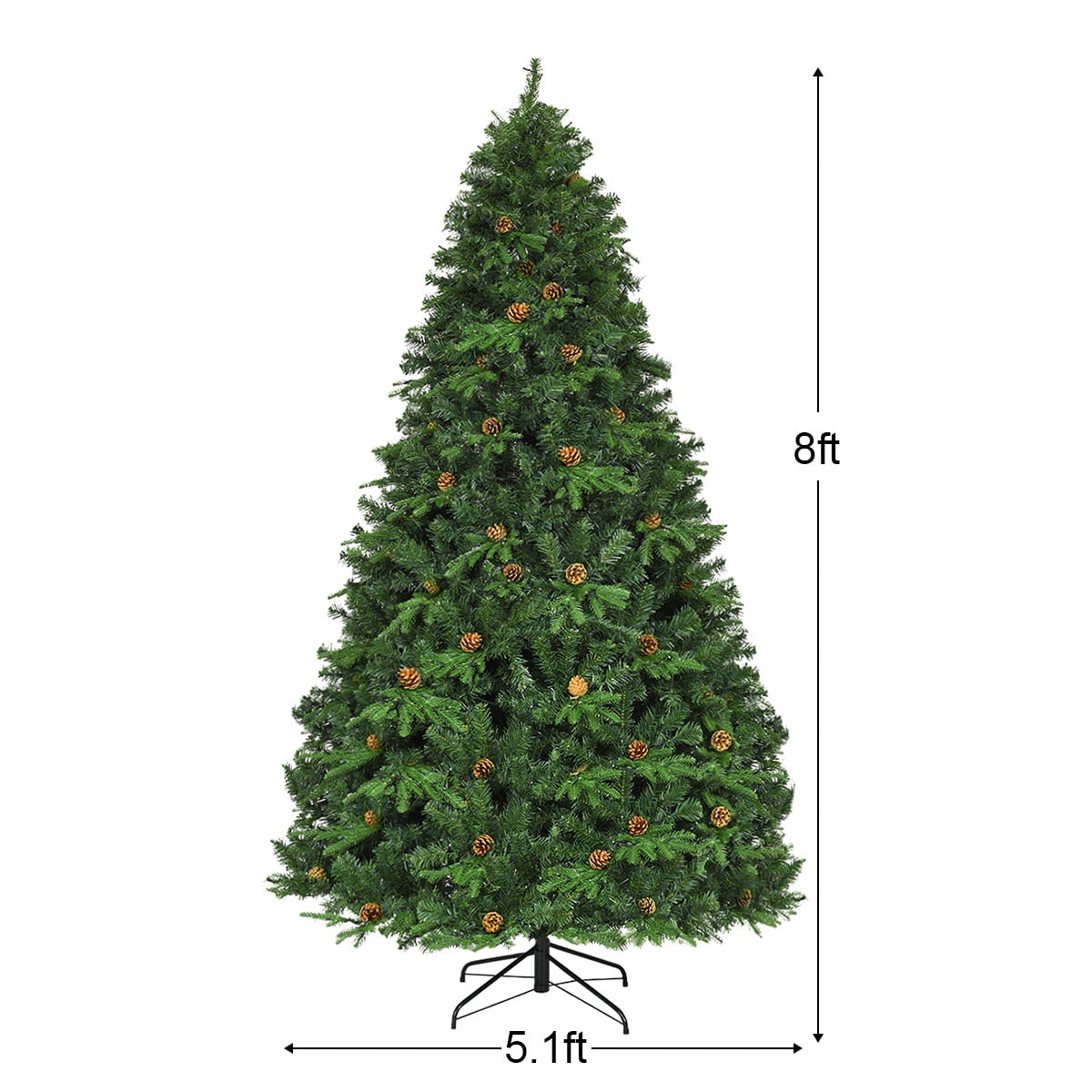 Costway 8Ft Pre-Lit Christmas Tree Hinged 600 LED Lights Pine Cones