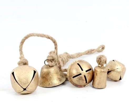 Set of 5 Vintage Handmade Rustic Lucky Christmas Hanging Bells On Jute Rope Decorative Metal Harmony Cow Bells